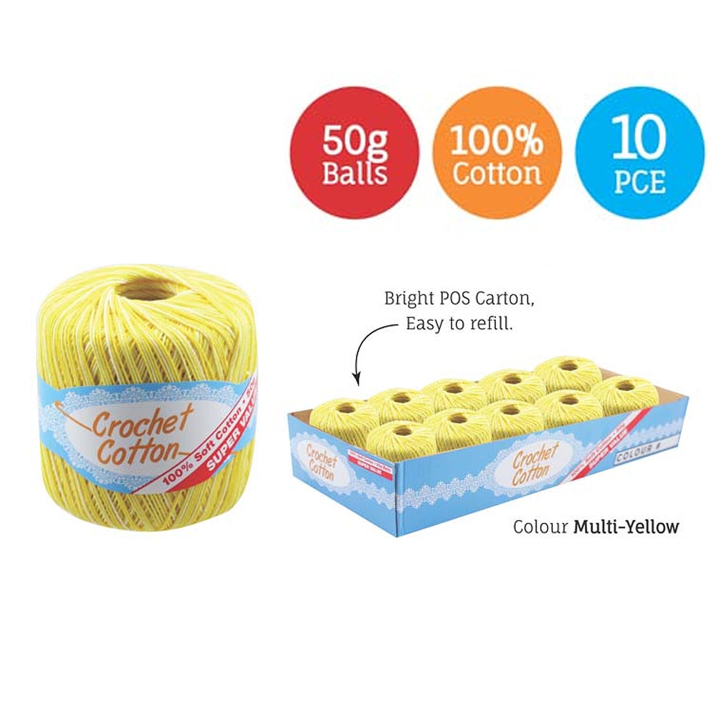 Cotton Crotchet 100% Boll Ball 50g Soft Bulk Coloured Size C Needle 3.25mm