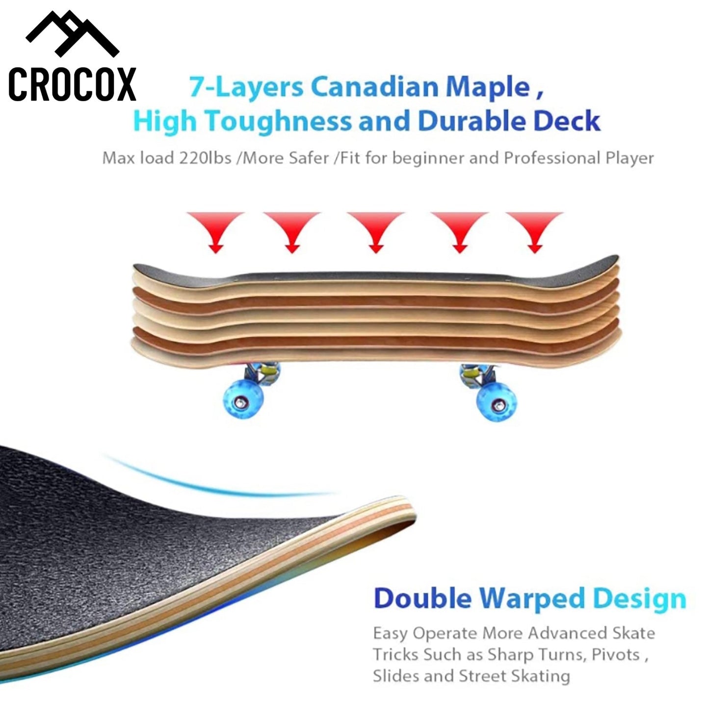 Crocox Kids Adult Skateboard Complete Set Up-Beginner to Pro Boards Outdoor
