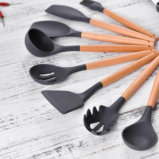 Set of 12 Silicone Utensils Set Wooden Cooking Kitchen Baking Cookware BPA Free