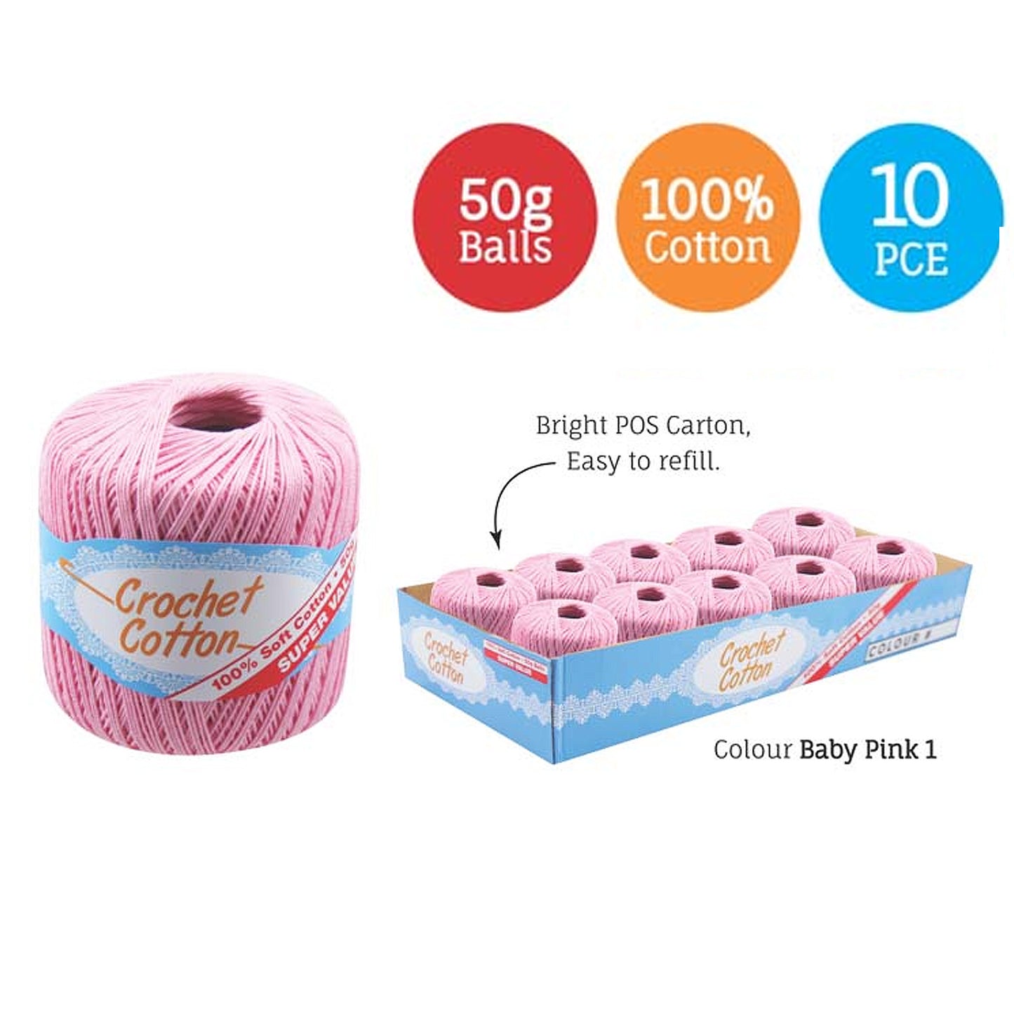 Cotton Crotchet 100% Boll Ball 50g Soft Bulk Coloured Size C Needle 3.25mm