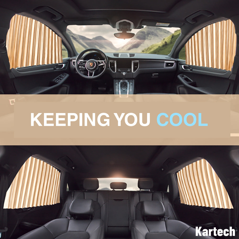 2x Kartech Car Window Curtains Retractable Sun Shades UV Protection Black Rear