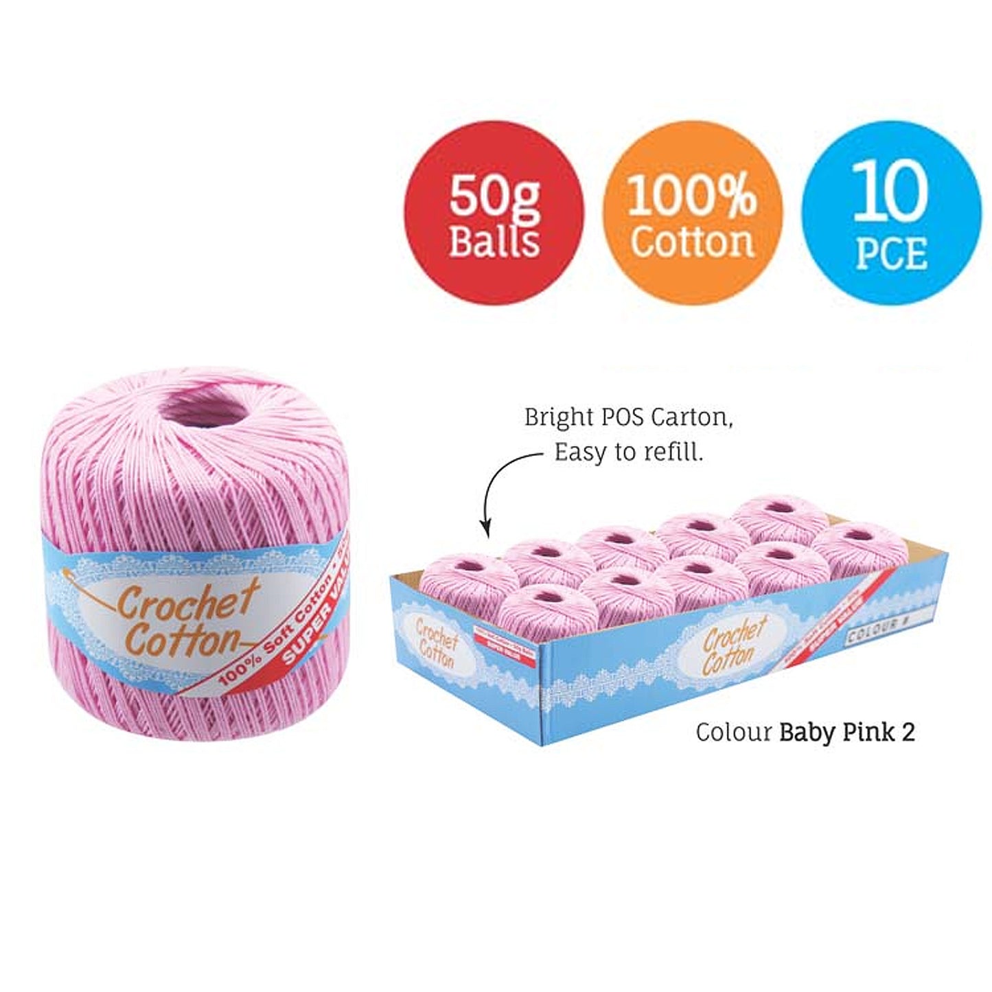 Cotton Crotchet 100% Boll Ball 50g Soft Bulk Coloured Size C Needle 3.25mm