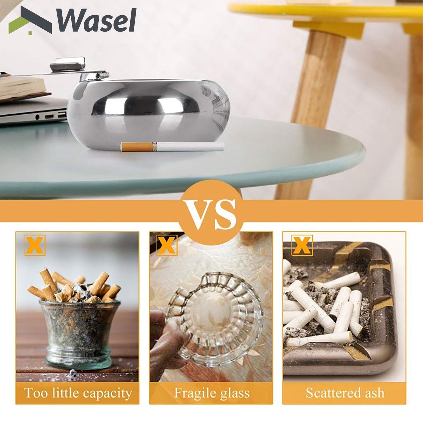 Wasel Stainless Steel Ashtray Cigarette Smoking Lidded Case Windproof Ash Holder