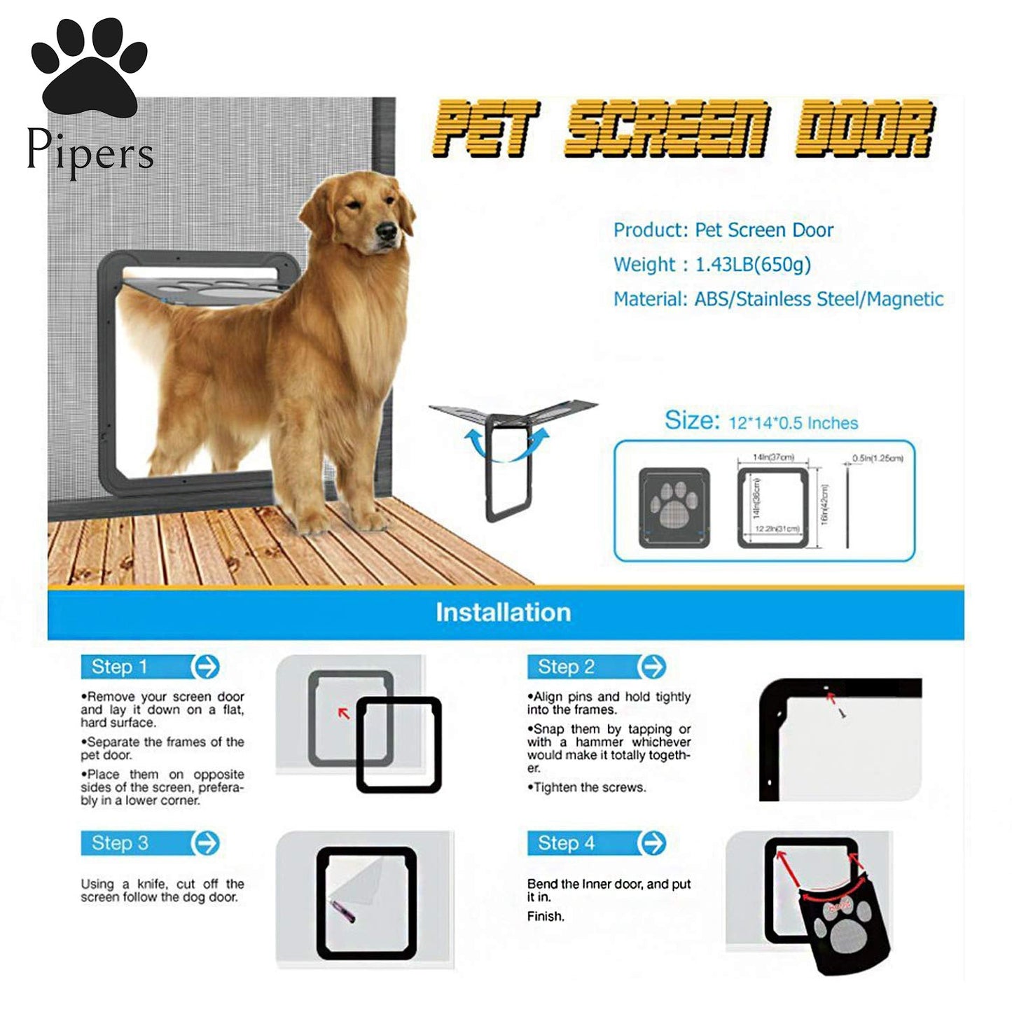 Pipers Pet Screen Door Dog Cat Puppy Flap Automatic Lock Security Large Window