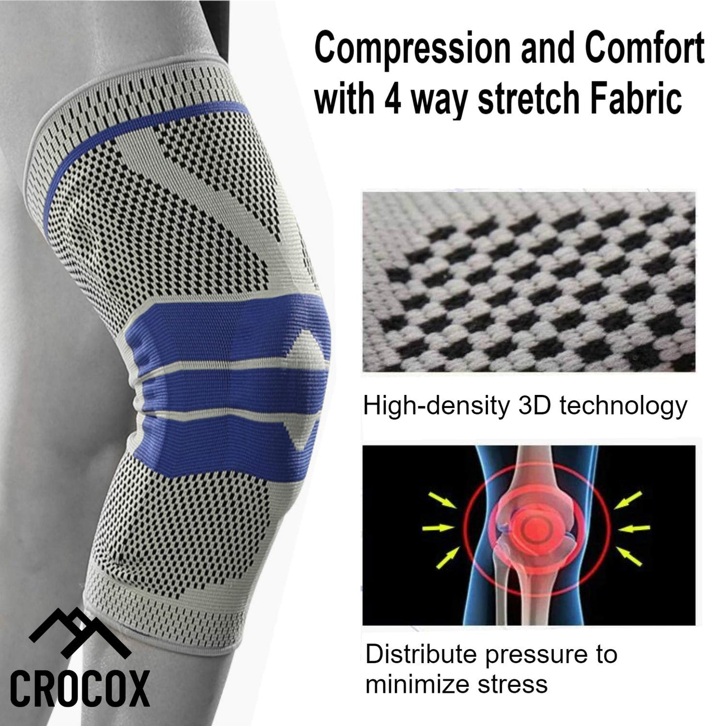 Crocox Knee Braces Support Strap Compression Sleeve Silicone Pad M L XL Adult
