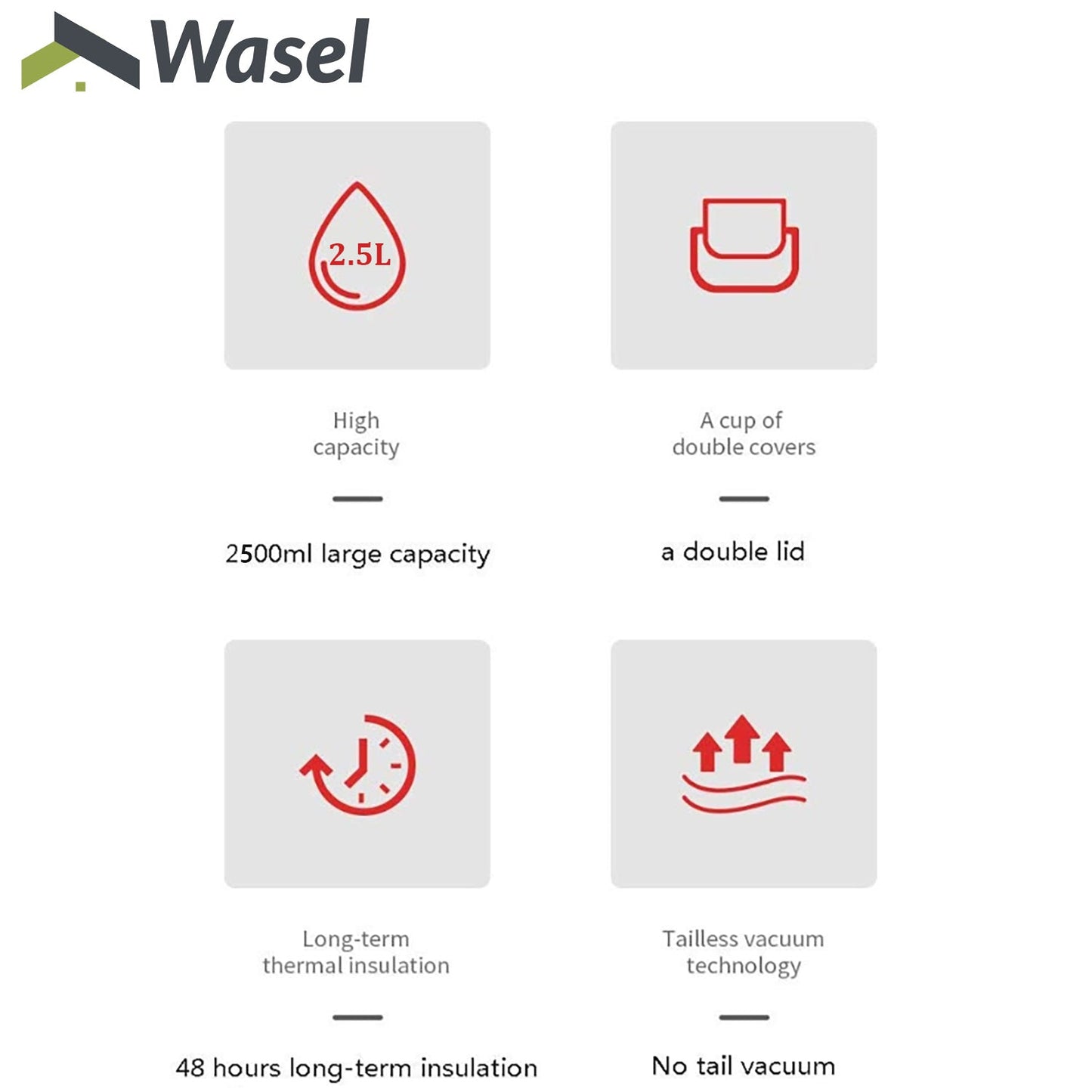 Wasel Stainless Steel Vacuum Cup Thermos Water Flask Large Capacity Travel 2.5L
