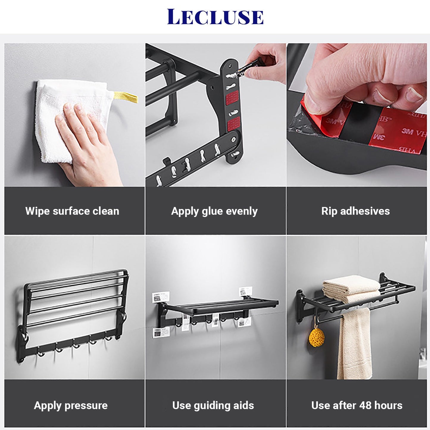 Lecluse Bathroom Accessories Black Set Towel Rack Shelf Storage Hand Rail Caddy