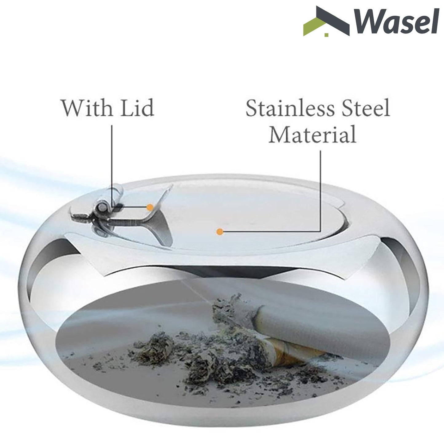 Wasel Stainless Steel Ashtray Cigarette Smoking Lidded Case Windproof Ash Holder