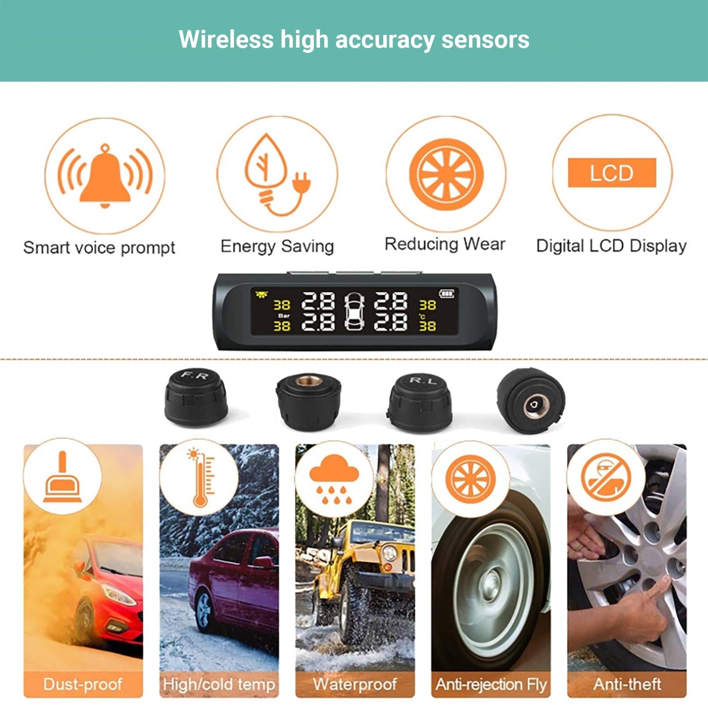 Kartech Solar Tyre Pressure Monitoring System TPMS Car LCD Wireless Sensors
