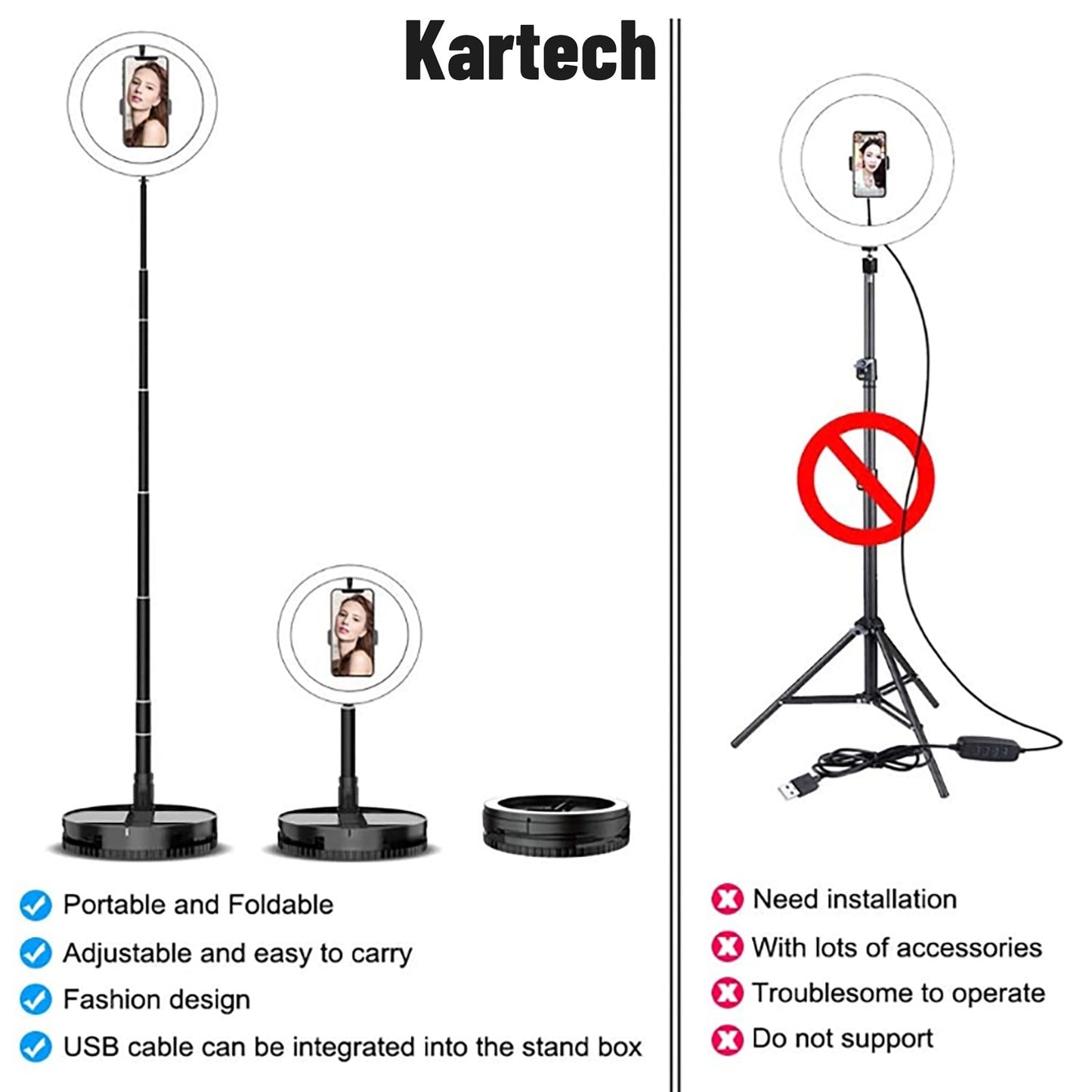 Kartech Ring Light Stand Foldable LED Diffuser Selfie Live Streaming YouTube