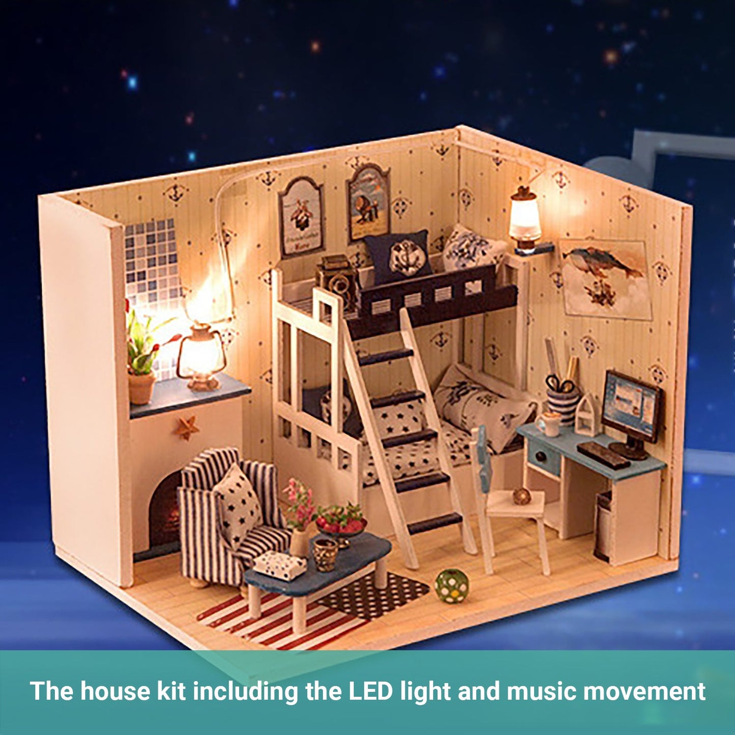 Lineguard DIY LED Doll House Mini Home Music Lighting Miniature Furniture Kit