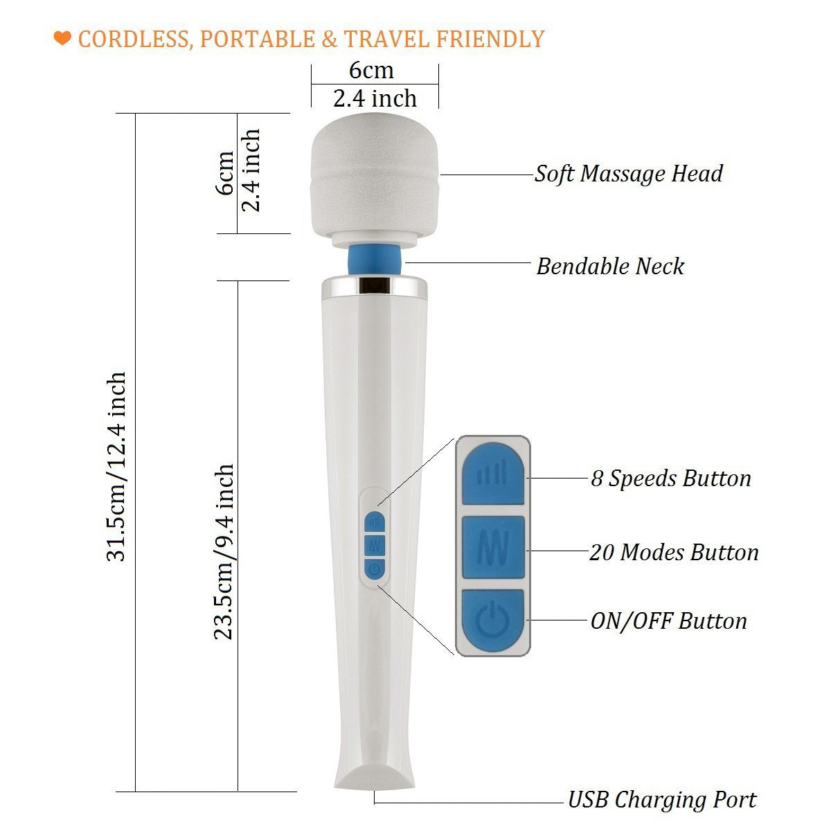 Magic Wand Vibrator Massager Handheld Body Bullet Sex Toy Cordless Adults Dildo
