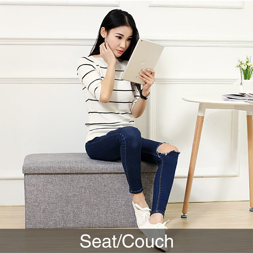 Folding Ottoman Storage Blanket Box Footstool Stool Cube Pouf Faux Leather Linen