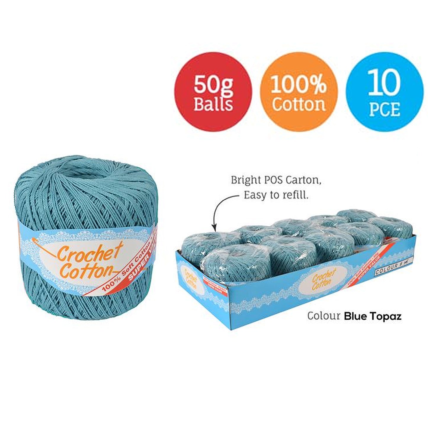Cotton Crotchet 100% Boll Ball 50g Soft Bulk Coloured Size C Needle 3.25mm