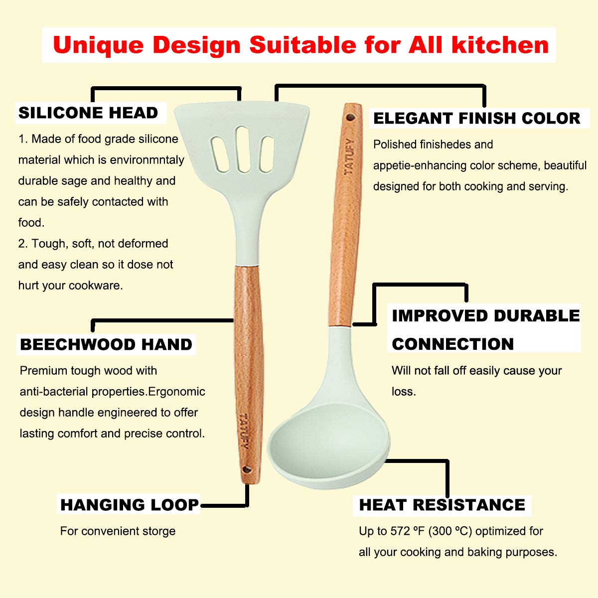Set of 12 Silicone Utensils Set Wooden Cooking Kitchen Baking Cookware BPA Free