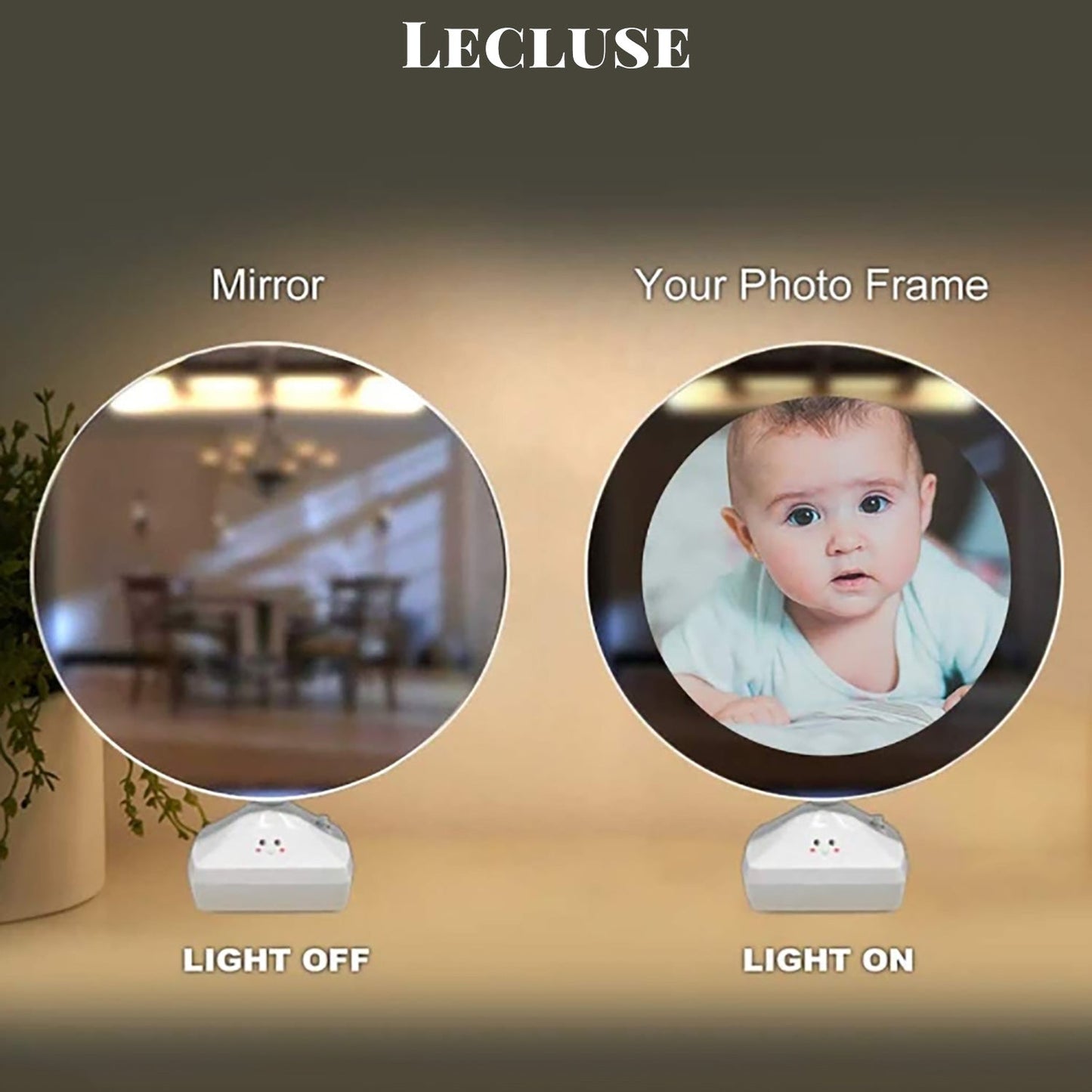 Lecluse LED Photo Frame Magic Mirror Round Makeup Light Home Decor Portable