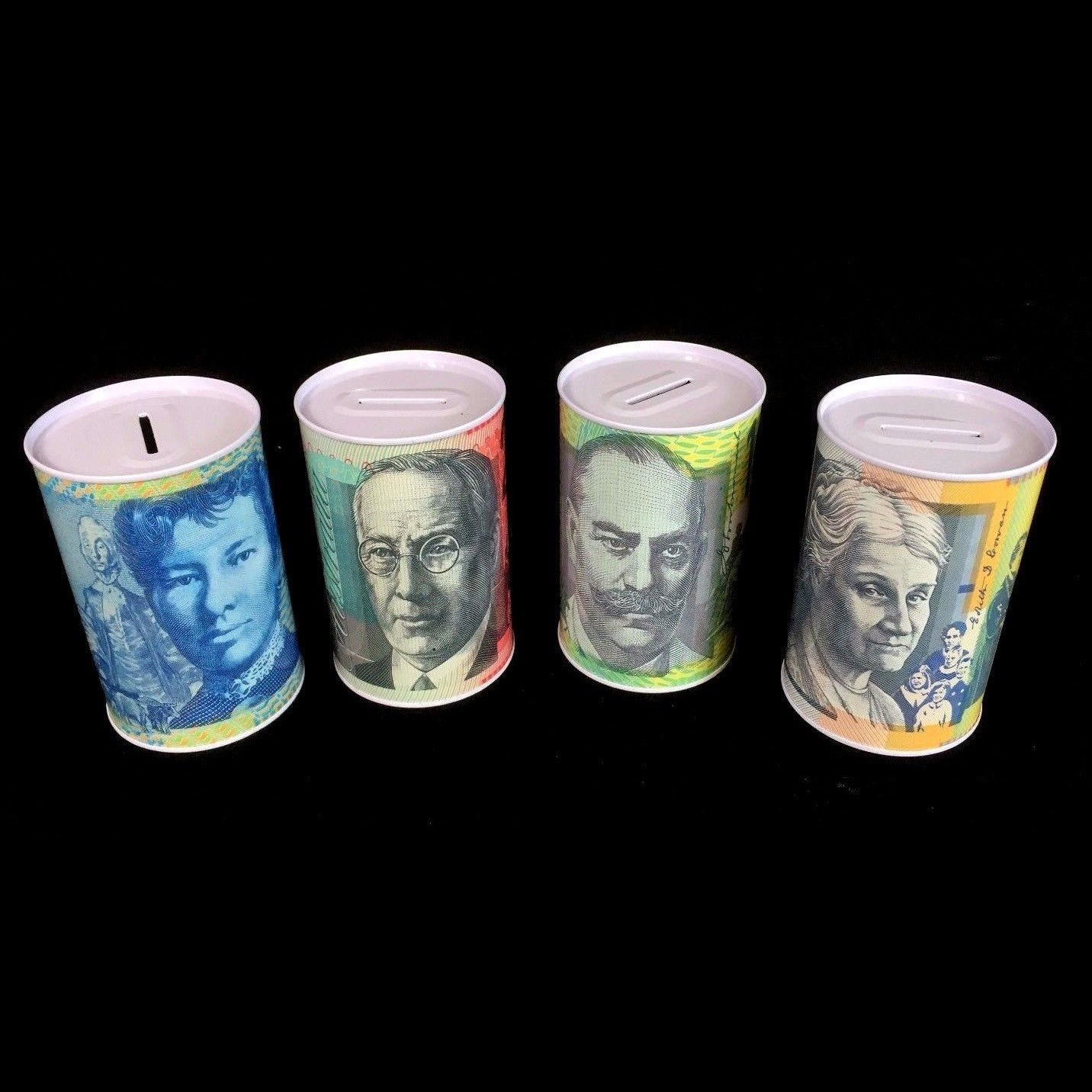 Money Tin Australian Box Jar Piggy Bank Coin 10 20 50 100 Dollar Notes OZ Large