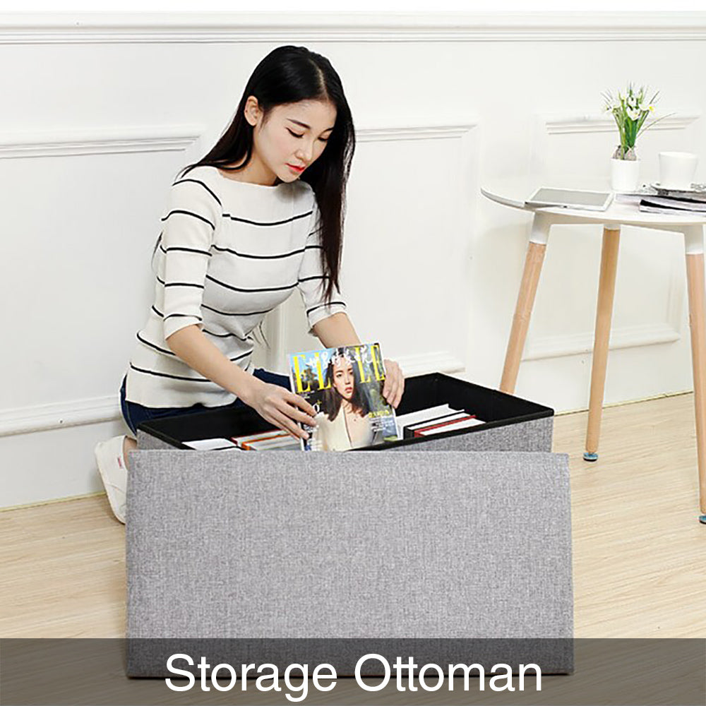 Folding Ottoman Storage Blanket Box Footstool Stool Cube Pouf Faux Leather Linen