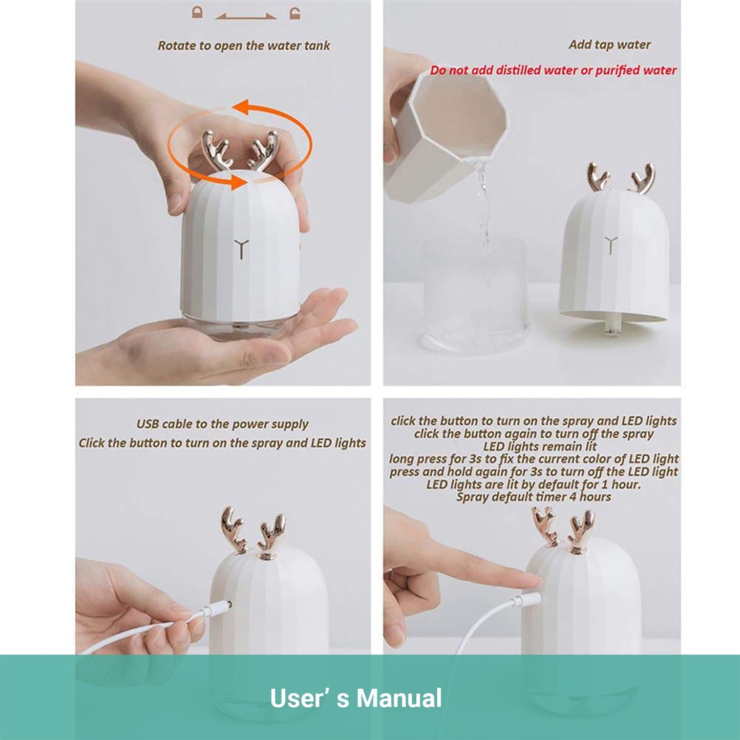 Wasel Mini Desk Air Humidifier Aromatherapy USB LED Lights Deer Rabbit Shaped