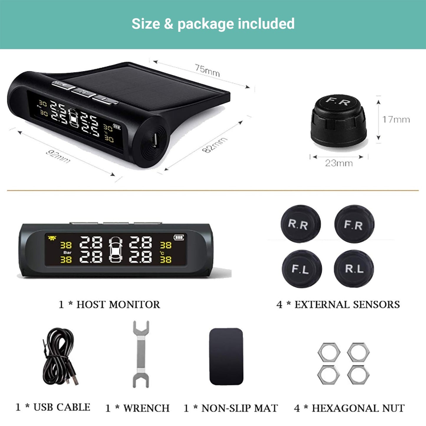 Kartech Solar Tyre Pressure Monitoring System TPMS Car LCD Wireless Sensors