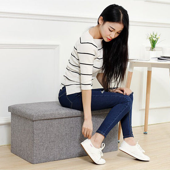 Folding Ottoman Storage Blanket Box Footstool Stool Cube Pouf Faux Leather Linen