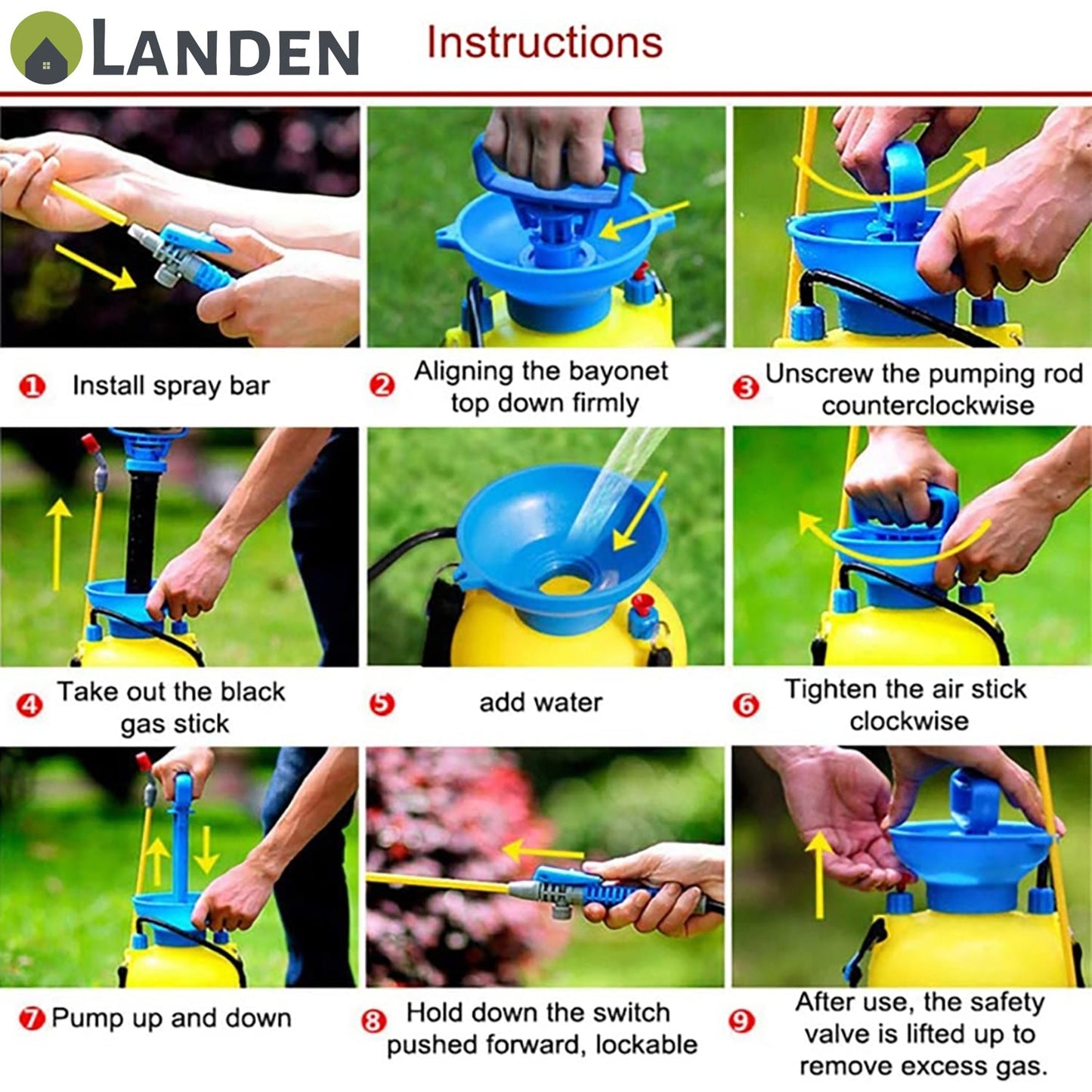 Landen High Pressure Sprayer Garden Water Chemical Pump Bottle Portable 3/5/8L