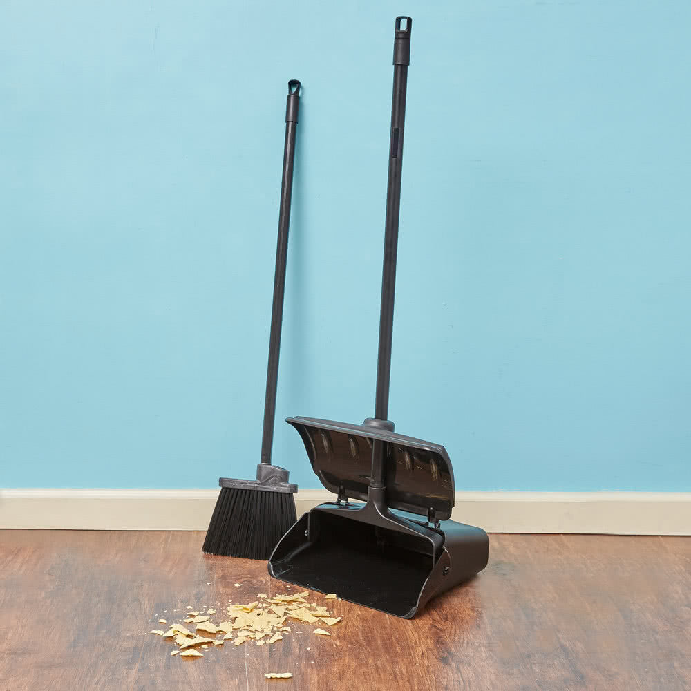 Dustpan and Brush Broom Set Dust Pan Long Black Sweep Lobby Garden Lid Cover 95