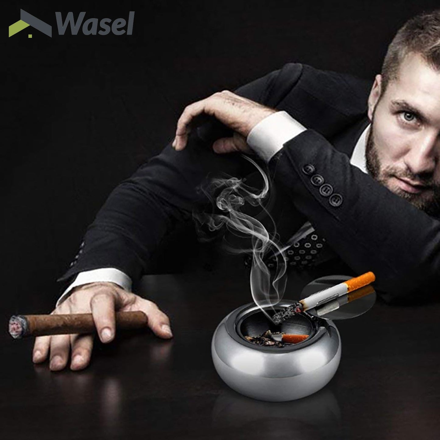Wasel Stainless Steel Ashtray Cigarette Smoking Lidded Case Windproof Ash Holder