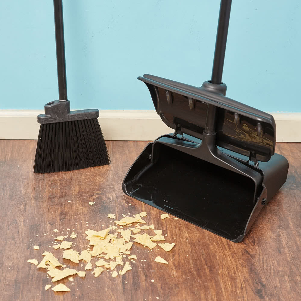 Dustpan and Brush Broom Set Dust Pan Long Black Sweep Lobby Garden Lid Cover 95