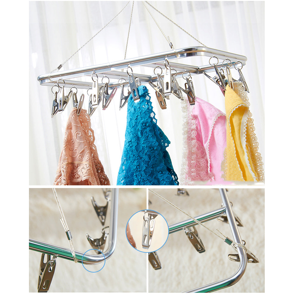 Stainless Steel Clothes Hanger Airer Dryer 28 Pegs Clips Rack Sock Underwear