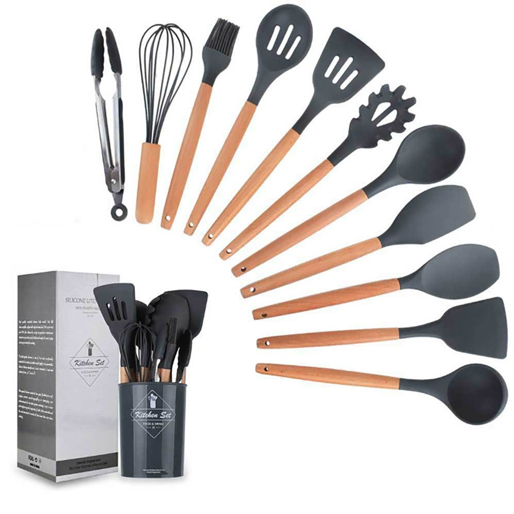 Set of 12 Silicone Utensils Set Wooden Cooking Kitchen Baking Cookware BPA Free