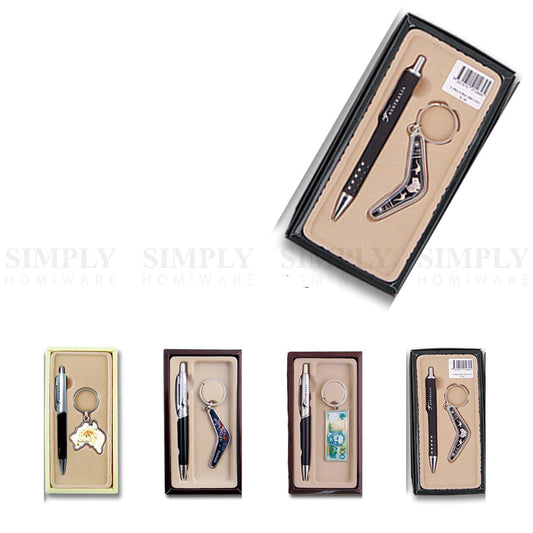 Australian Souvenirs Pen and Keychain Set Ring Bulk Aussie Gift Black Boomerang