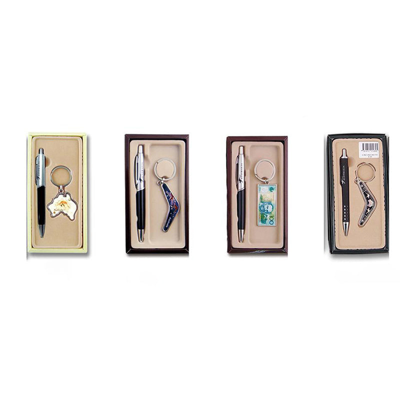 Australian Souvenirs Pen and Keychain Set Ring Bulk Aussie Gift Black Boomerang
