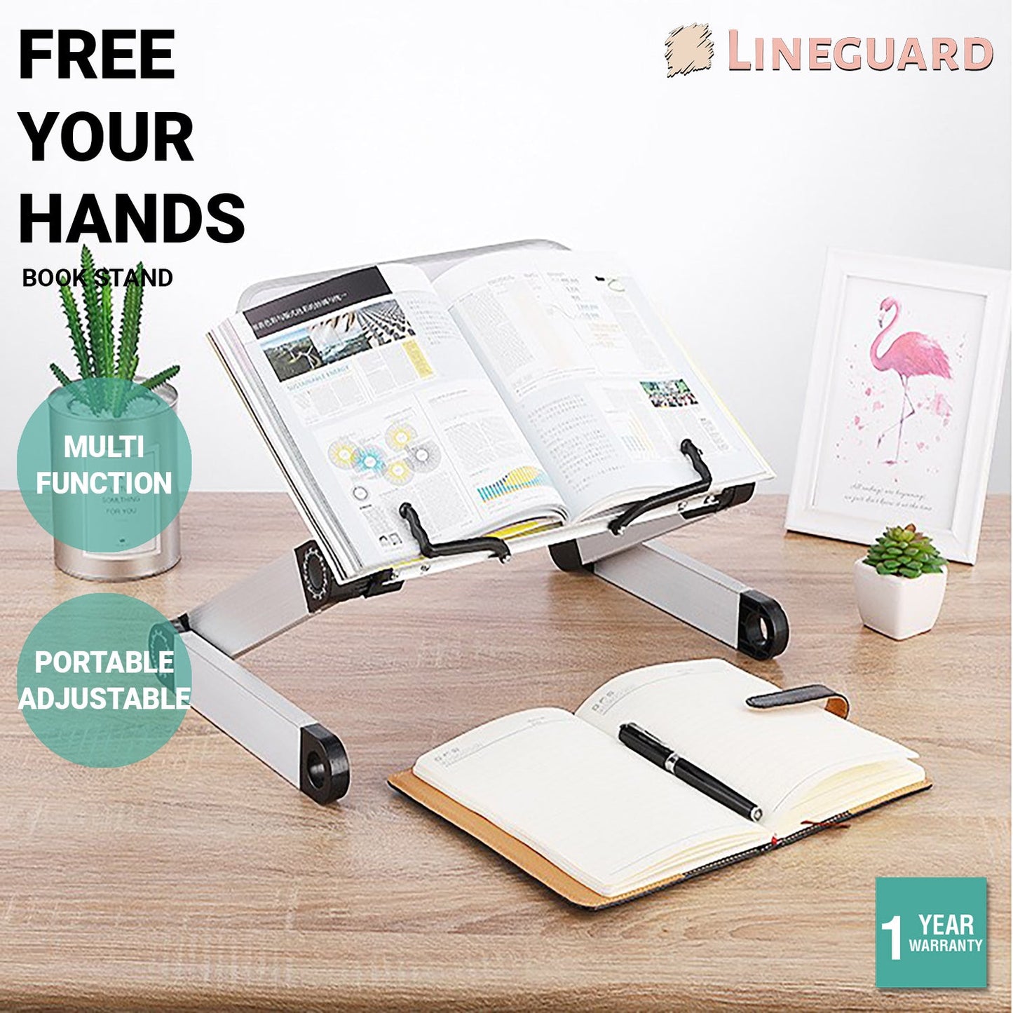 Lineguard Book Stand Adjustable Document Holder Foldable Reading Desk Study Work