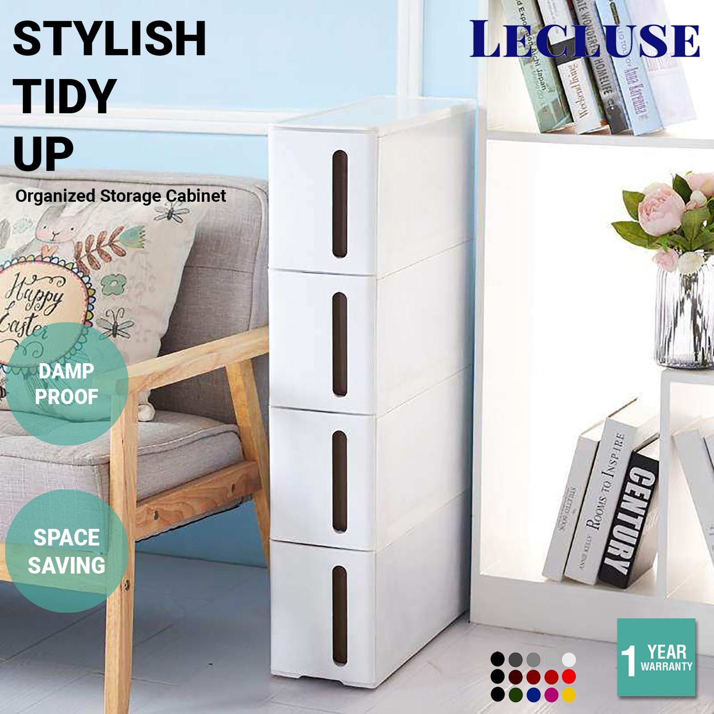 Lecluse Rolling Storage Drawer Cabinet Slim Plastic Cart On Wheel 4-Tier