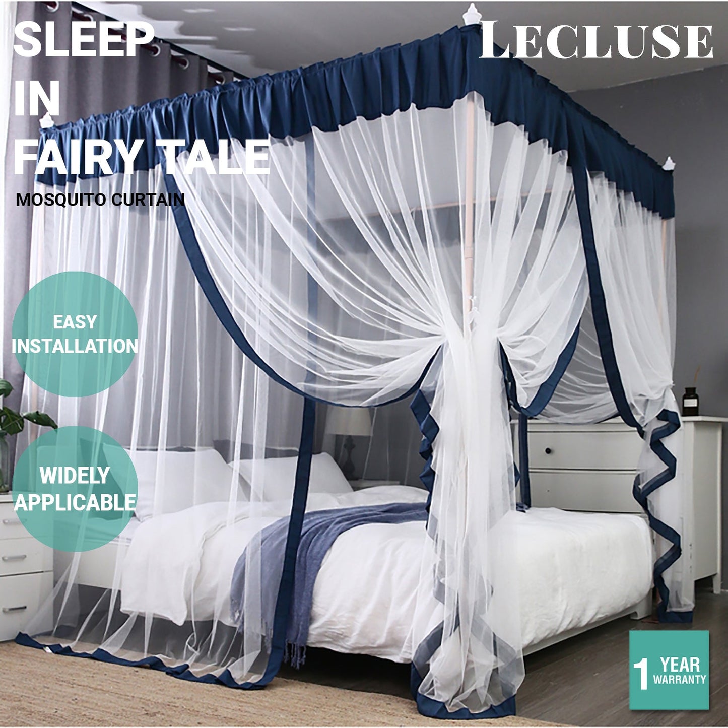 Lecluse Romantic Mosquito Curtain 4 Corner Bed Canopy King Queen Size Netting
