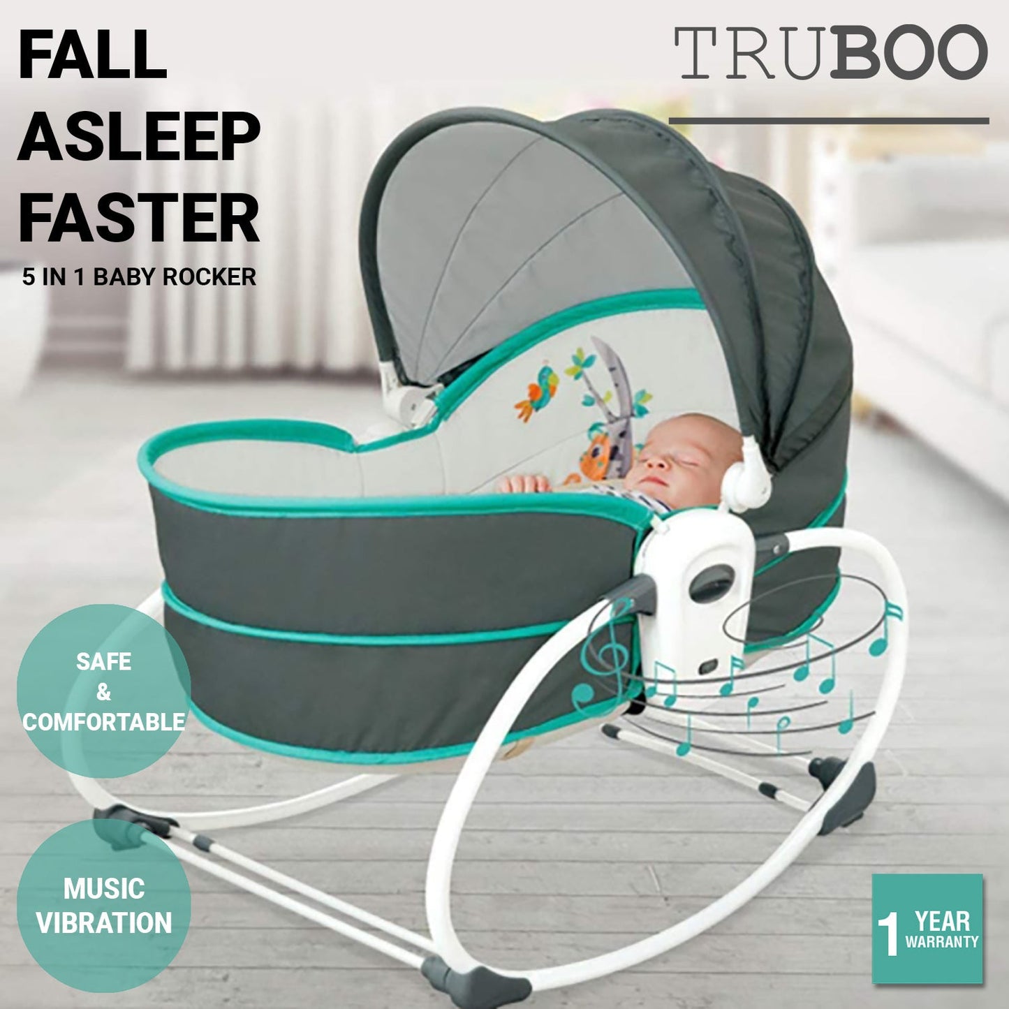 Truboo 5 In 1 Baby Rocker Infant Swing Chair Newborn Bouncer Bassinet Bed