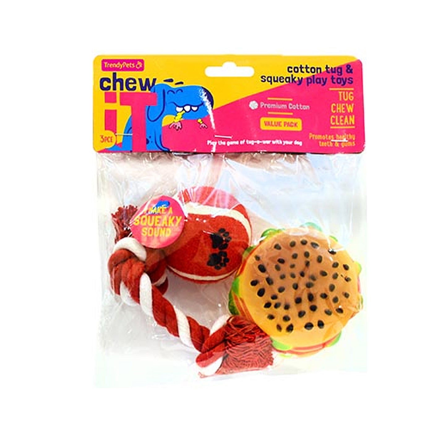 Dog Chew Toys 3pcs Dental Play Squeak Sound Ball Rope Burger Toy TrendyPets