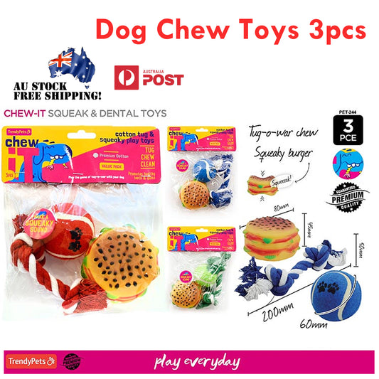 Dog Chew Toys 3pcs Dental Play Squeak Sound Ball Rope Burger Toy TrendyPets