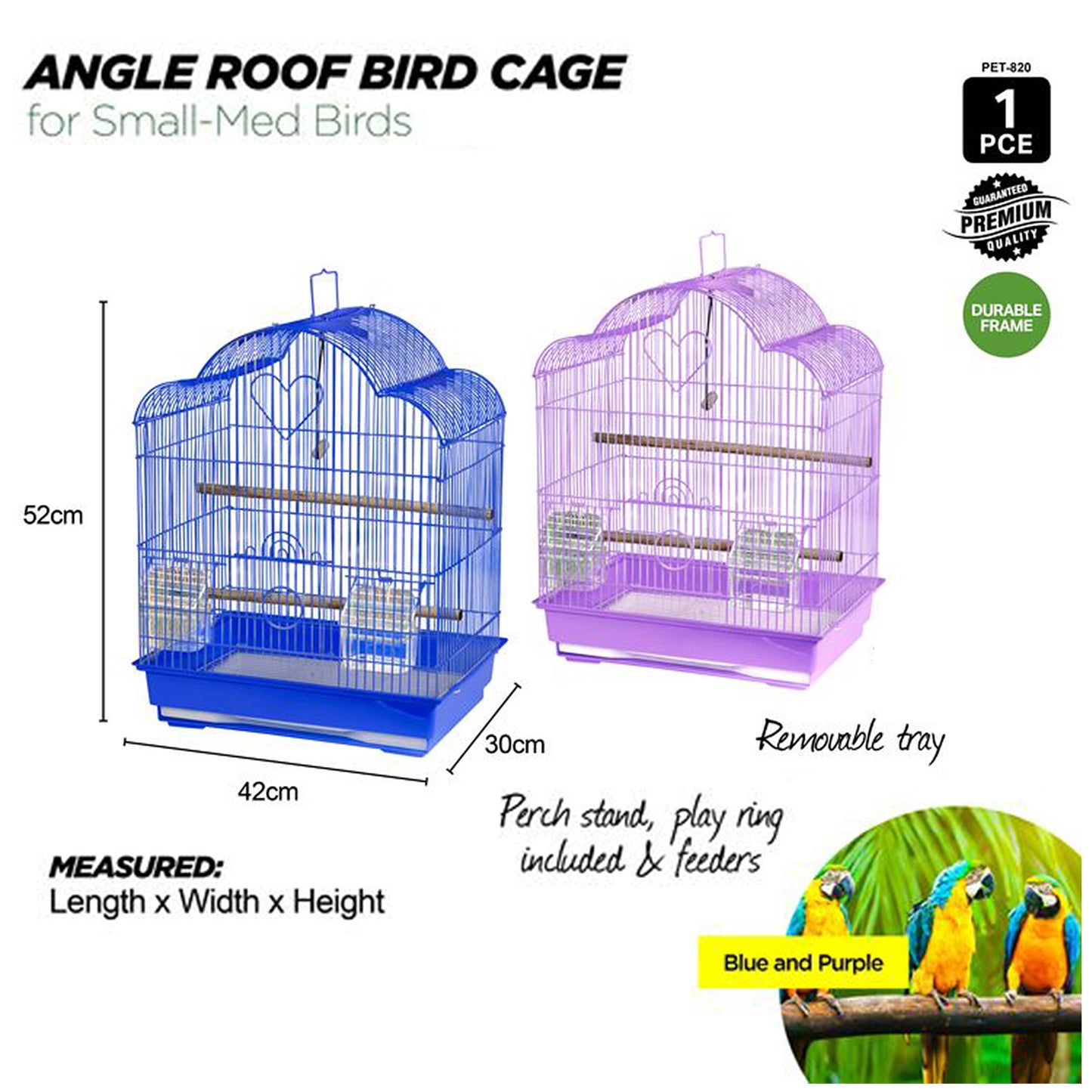 Bird Cage Small Medium Metal Frame Angled Roof Coloured Toys 42cm x 30cm x 52cm