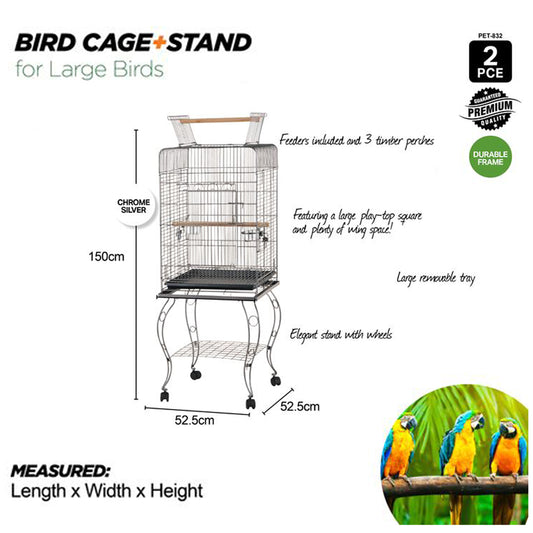 Bird Cage Large Metal Stand Frame Square Roof Coloured Toys 52cm x 52cm x 150cm