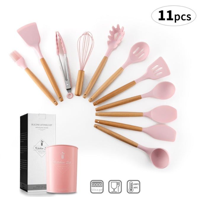 Set of 12 Silicone Utensils Set Wooden Cooking Kitchen Baking Cookware BPA Free