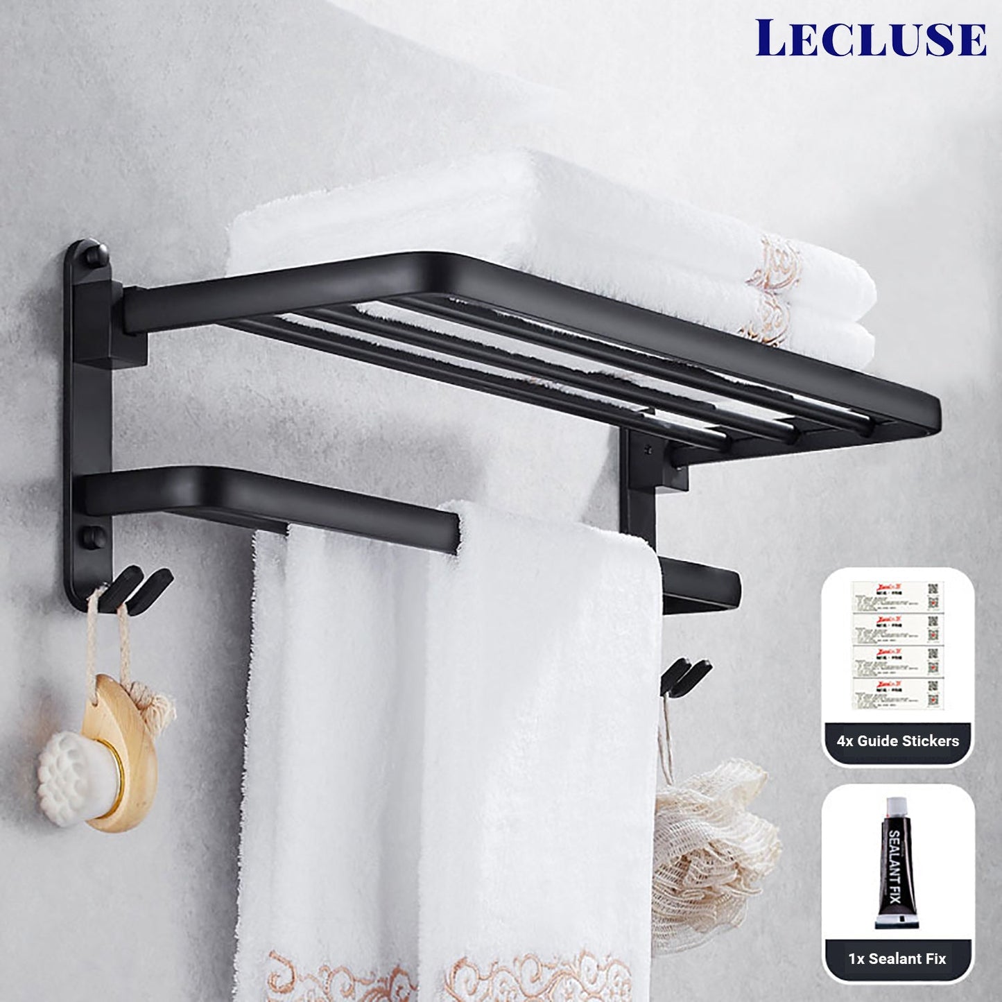 Lecluse Bathroom Accessories Black Set Towel Rack Shelf Storage Hand Rail Caddy