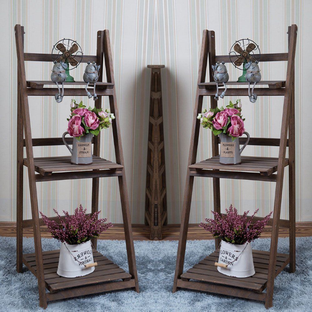 Wooden Ladder Shelf 3 Tier Plant Flower Storage Shelves Multi CD Book Folding