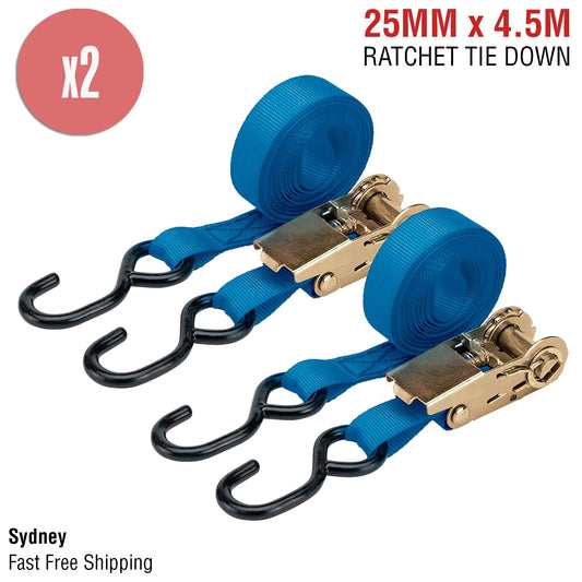 2x Ratchet Tie Down Straps Motorcycle Boat Car Trailer Truck Tiedown 25mm x 4.5M