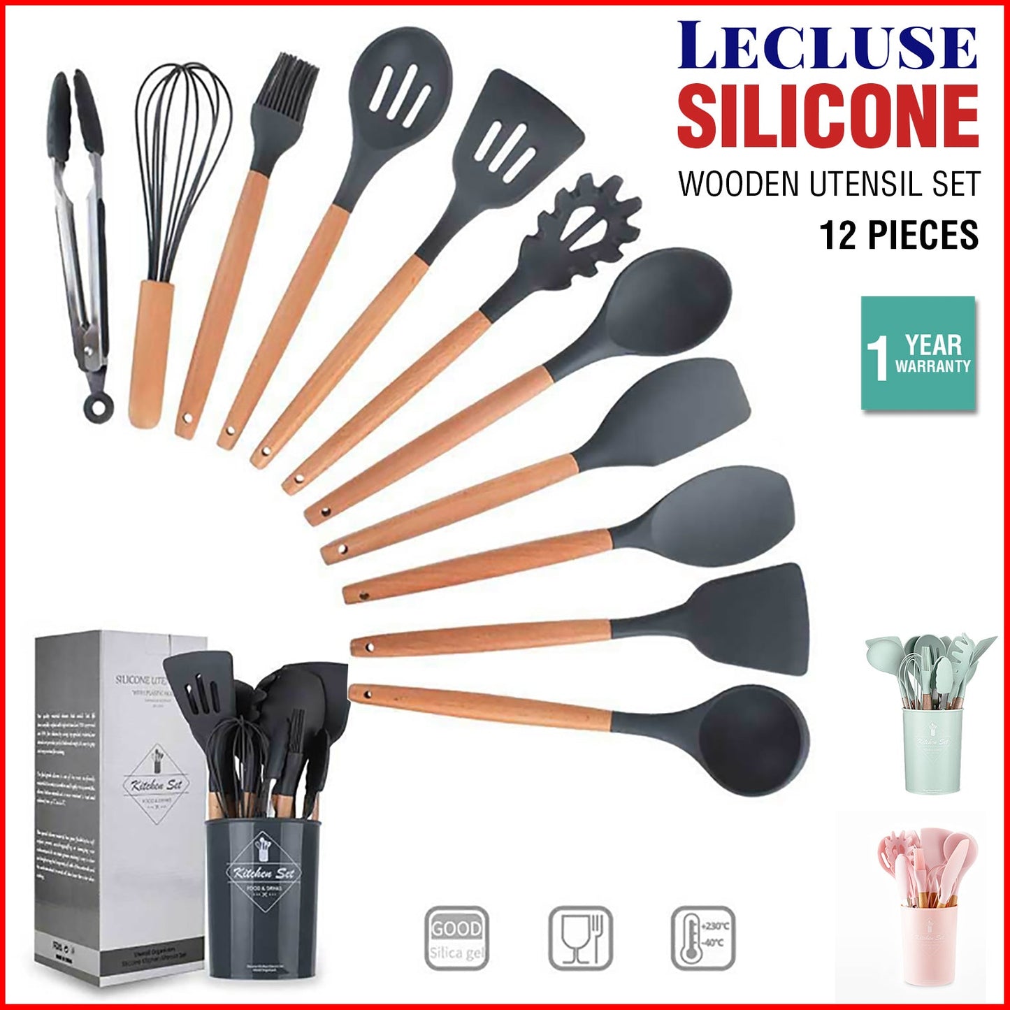 Set of 12 Silicone Utensils Set Wooden Cooking Kitchen Baking Cookware BPA Free
