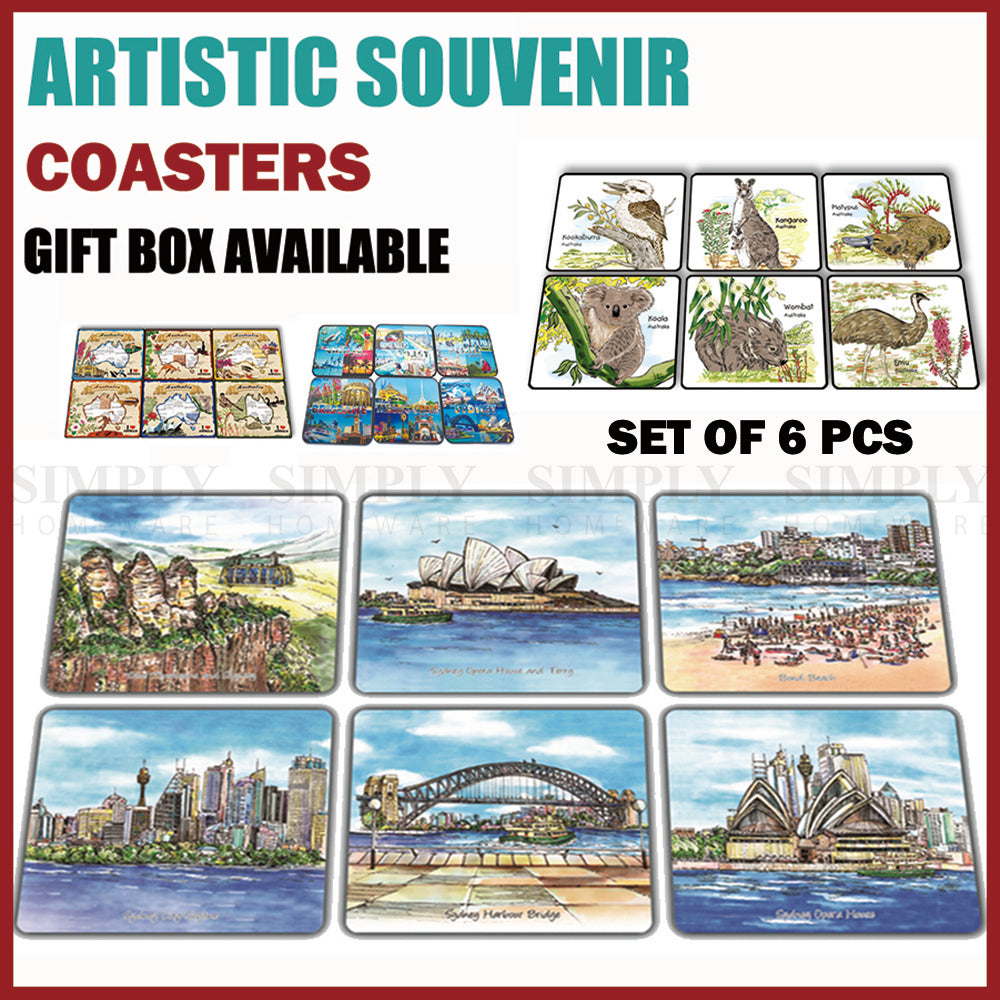 Australian Souvenirs Artistic Souvenir Wooden Coasters Gift Box Set of 6 Aussie - Simply Homeware