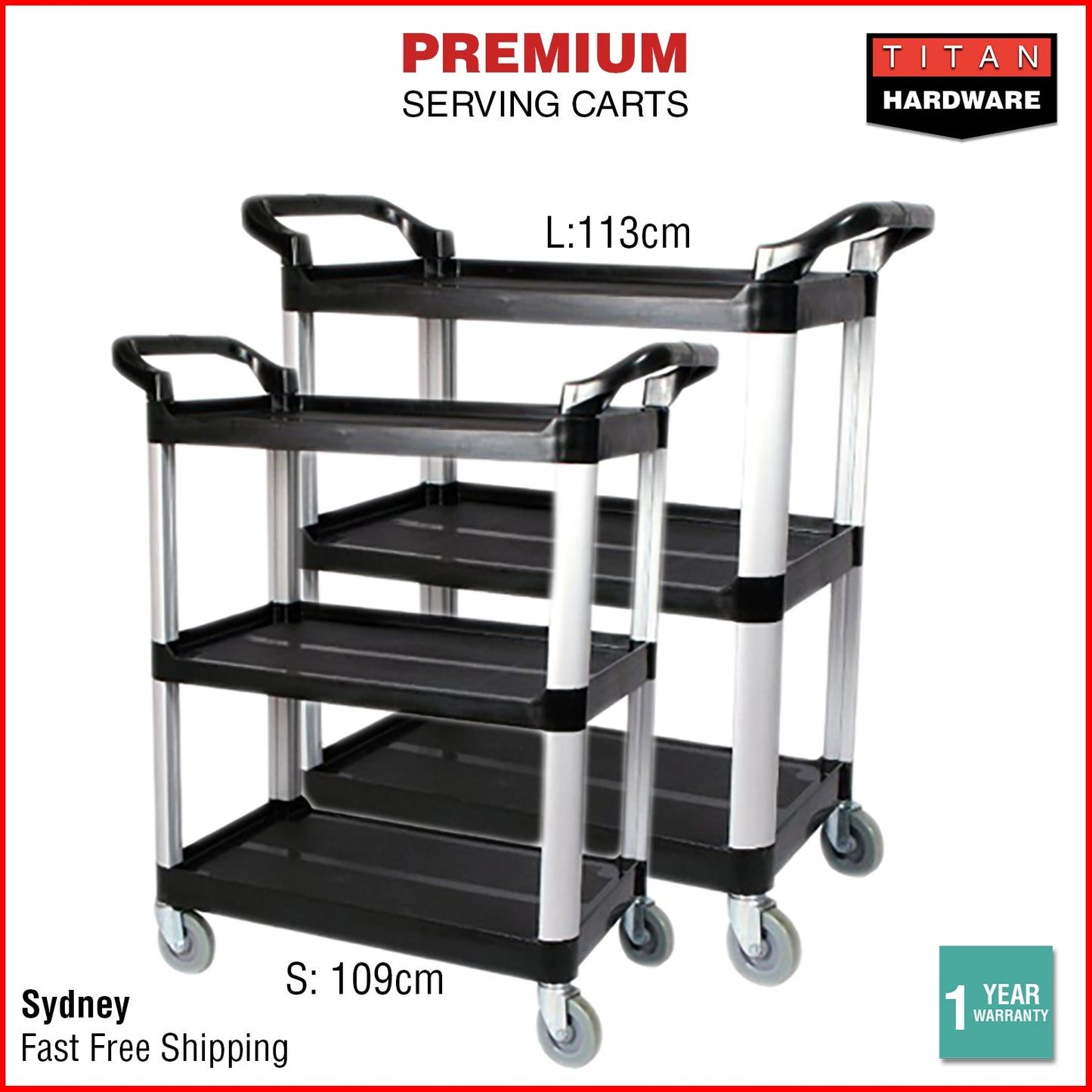 Service Cart Restaurant Trolley Kitchen Serving Catering Large Shelf Food 3 Tier