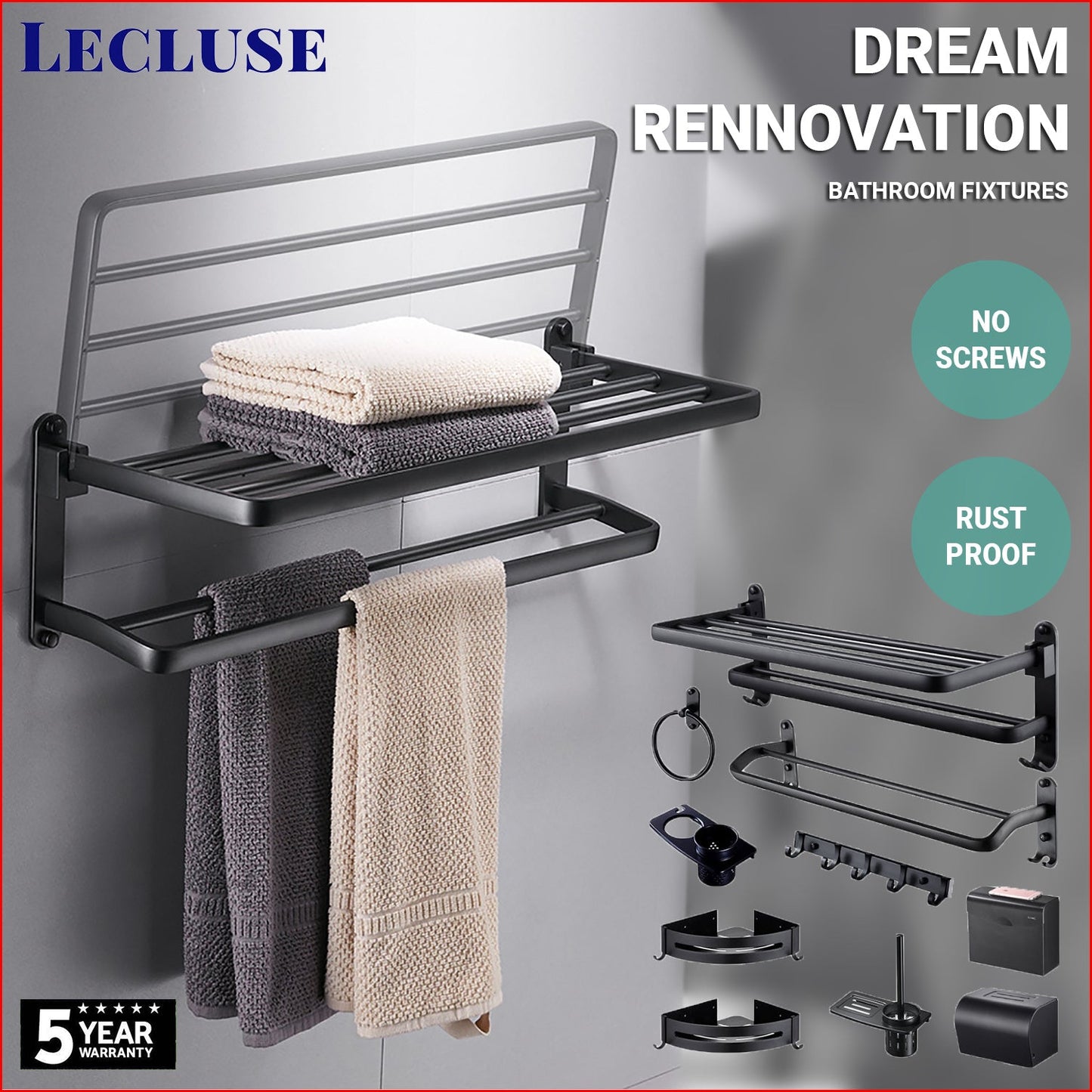 Lecluse Bathroom Accessories Black Set Towel Rack Shelf Storage Hand Rail Caddy