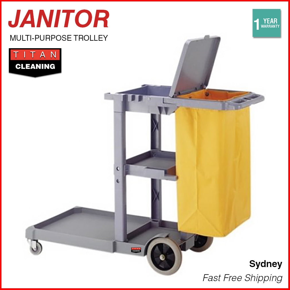 Janitor Trolley Cleaning Cart Cleaner Utility Grey Tray 3 Shelf Wheels Bag Lid